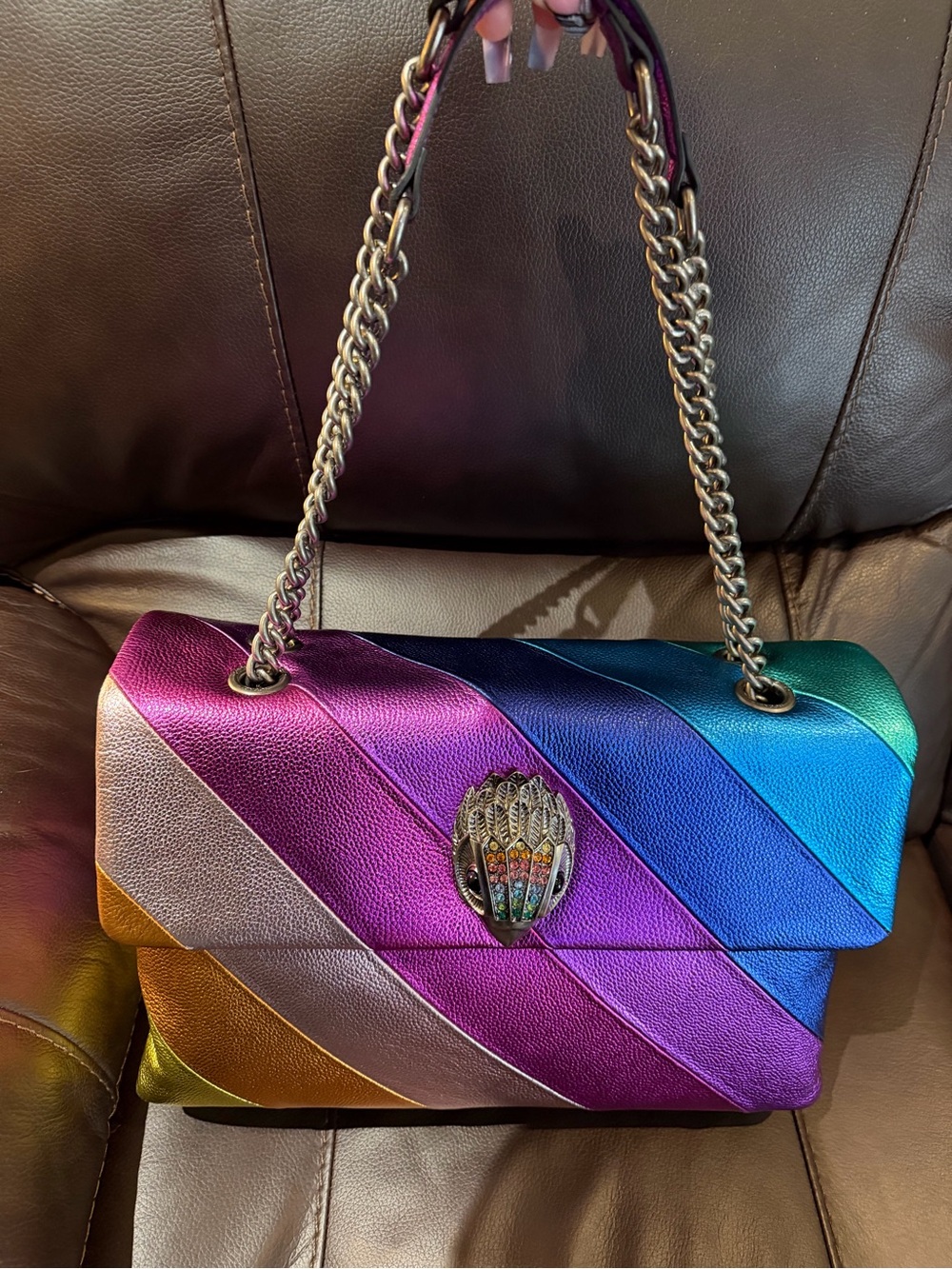 Kurt Geiger Multicolor Rainbow Leather Shoulder Bag with Chain Strap